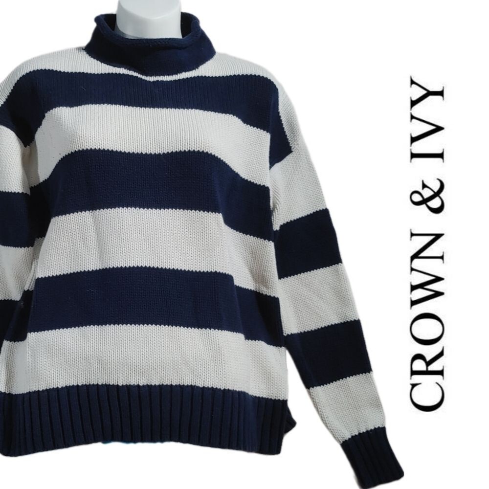 Crown & Ivy Blue and White Nautical Stripe Knit Sweater - Large